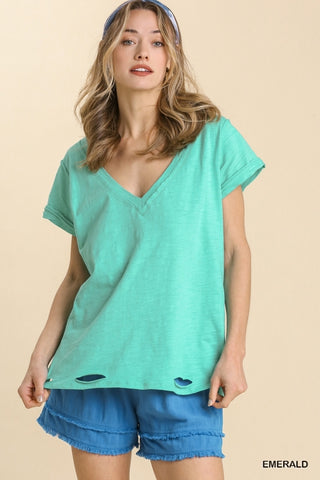 Gathered Short Sleeve V-Neck Knit Top with a Distressed Hem and Side Slits