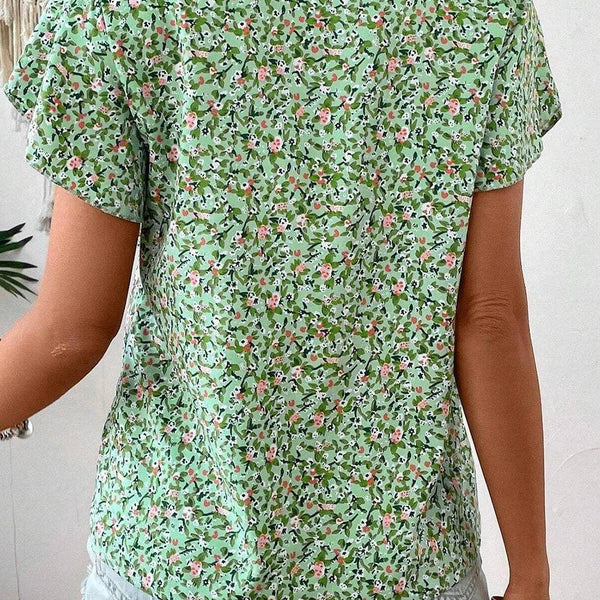 Boho Floral V-Neck Blouse, Green