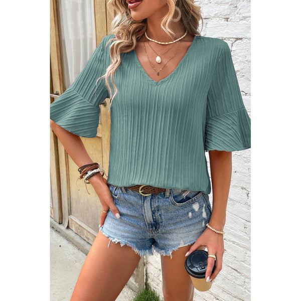 Ruffle Short Sleeve V-Neck Top, Grass Green