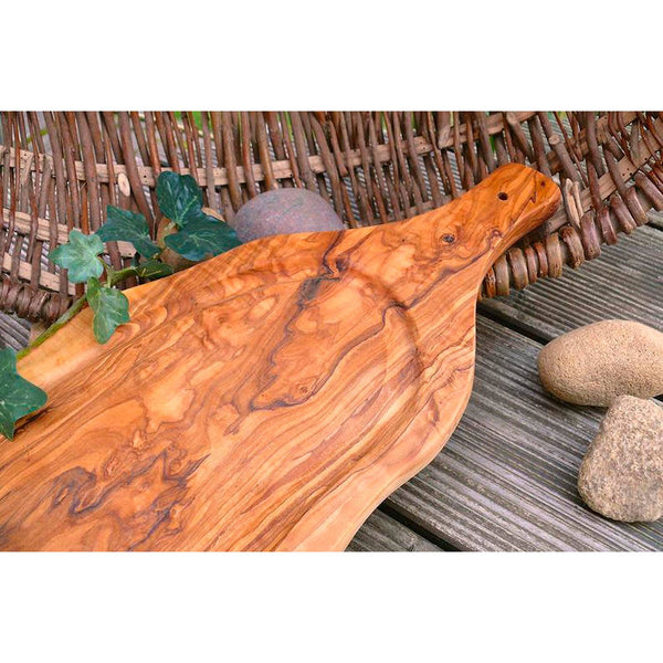 Carving board (L45-49cm) with juice rim & handle, Olive Wood, shipped from Germany