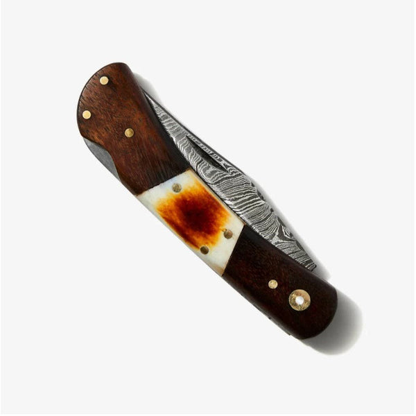 Walnut & Torched Bone Damascus Pocket Knife