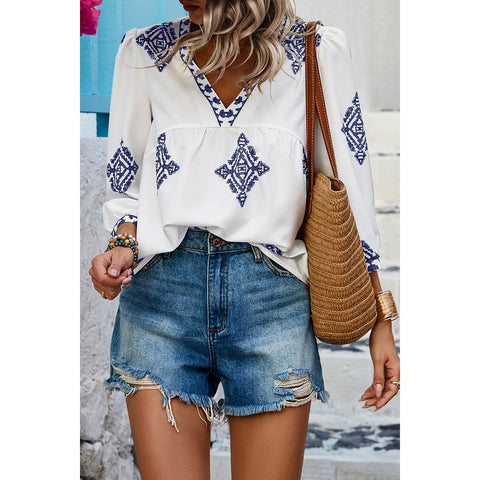 V Neck Printed Loose Fit Blouse, White