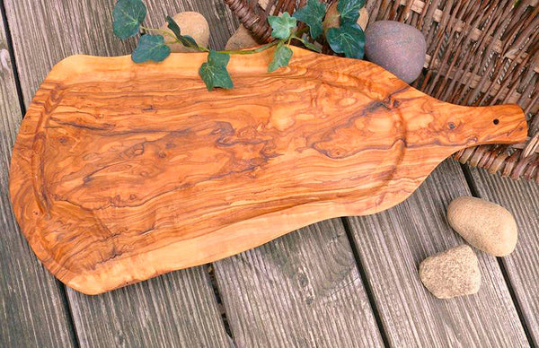 Carving board (L45-49cm) with juice rim & handle, Olive Wood, shipped from Germany