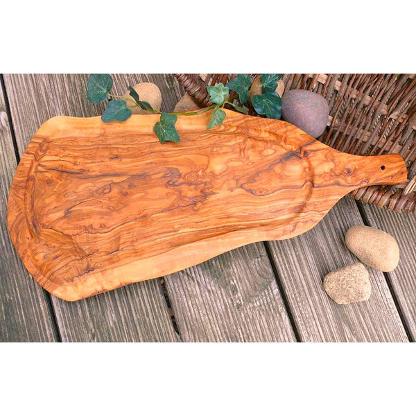 Carving board (L45-49cm) with juice rim & handle, Olive Wood, shipped from Germany