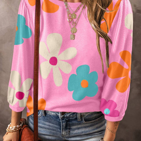 Retro Floral 3/4 Sleeve Top: Rose