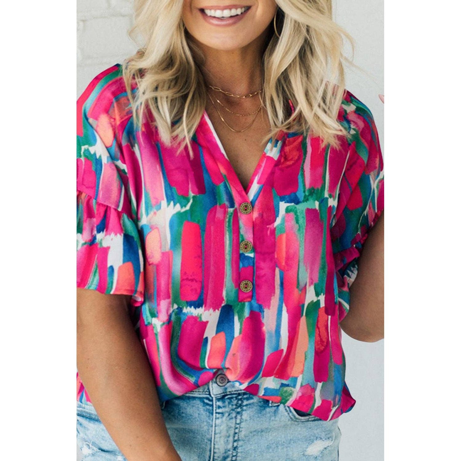 Abstract Ruffle Buttoned Blouse, Goddess