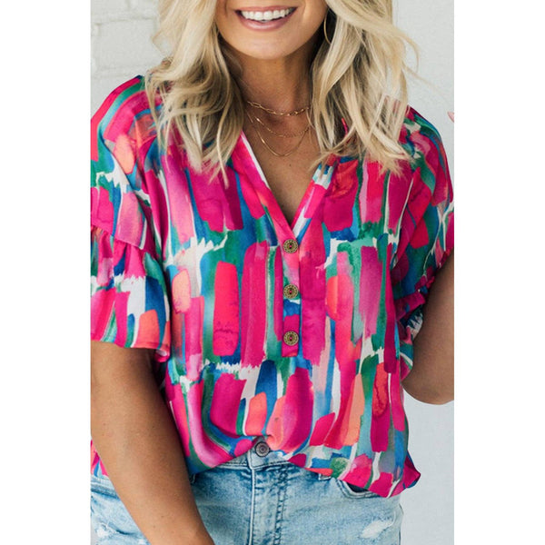 Abstract Ruffle Buttoned Blouse, Goddess