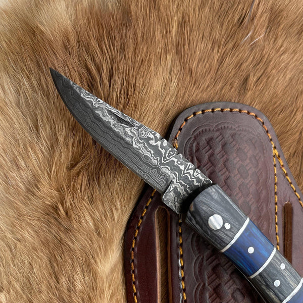 Pocket Knife Grey and Blue Wood 6.5'' Damascus Steel Knife