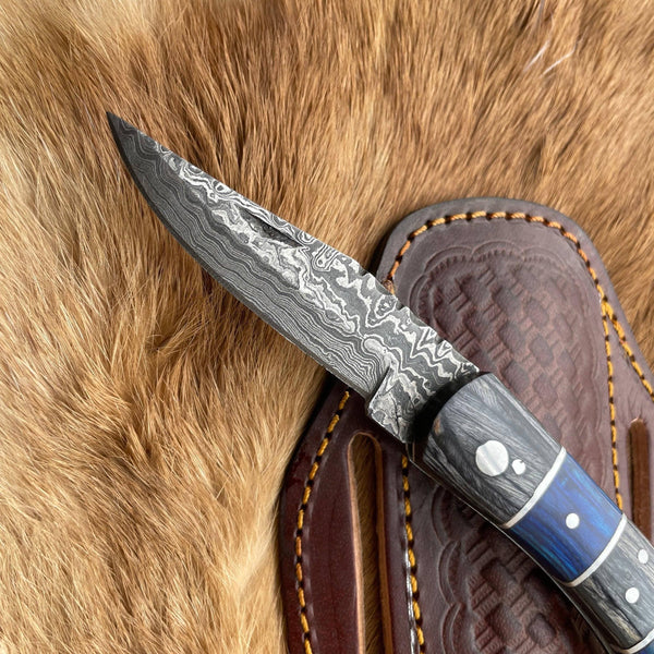 Pocket Knife Grey and Blue Wood 6.5'' Damascus Steel Knife