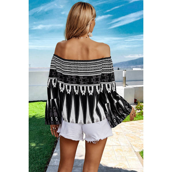 Graphic Print Color Block Butterfly Sleeves Off Shoulder Top: BLACK