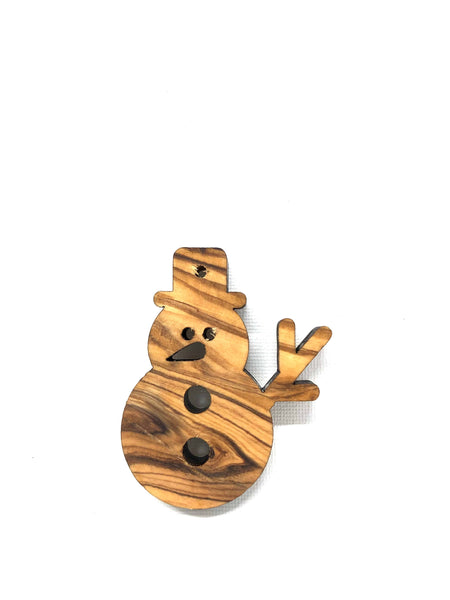Snowman as a Christmas tree pendant made of olive wood