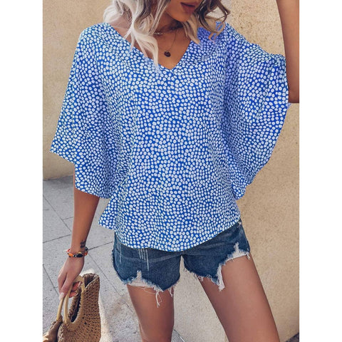 Dot Print Batwing Sleeve Blouse: BLUE