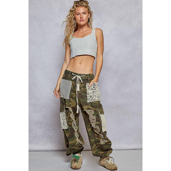 Vintage Wash Crochet Patches Distress Jogger Pants : Camo