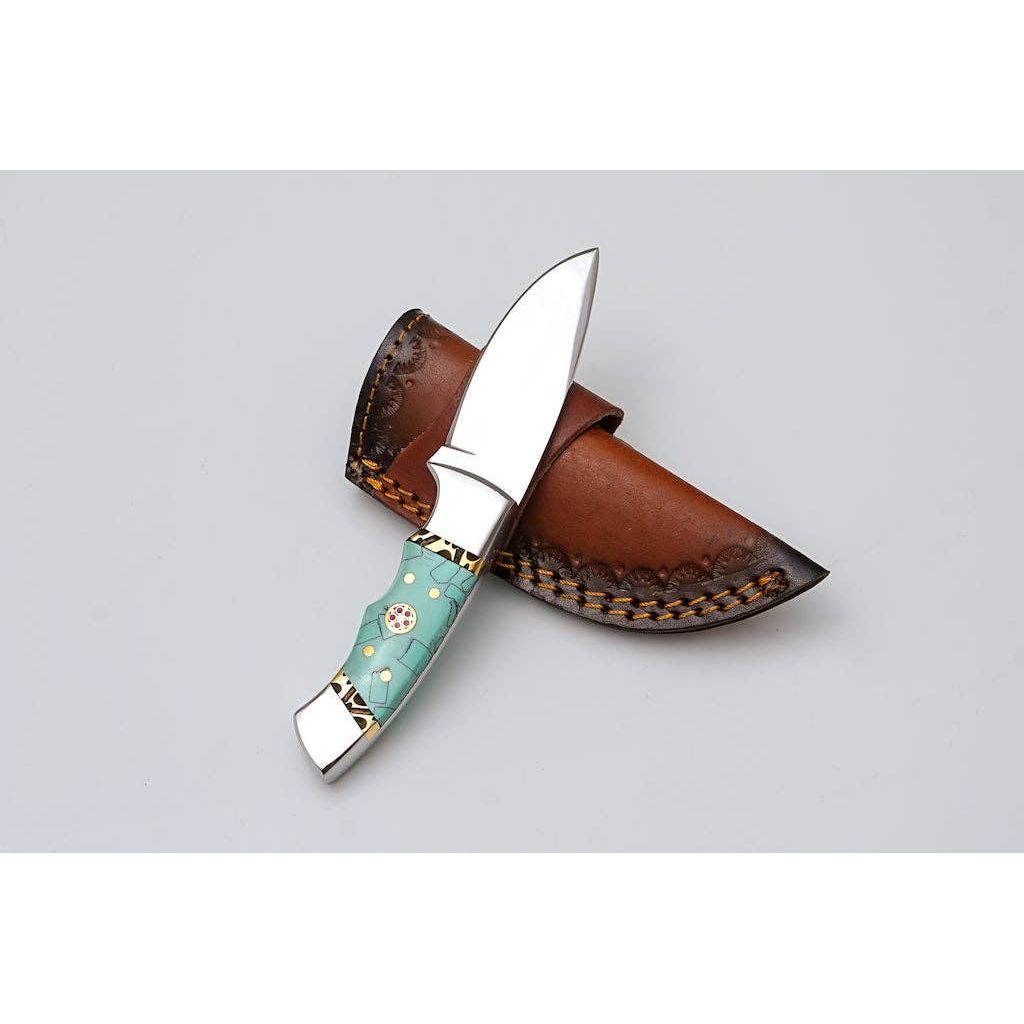 Custom Stainless Steel Knife with Turquoise Mosaic Handle & Leather Sheath