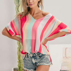 Stripe Woven V Neck Top