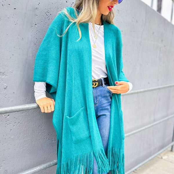 Teal Soft Knitted Pocket Kimono Cardigan With Fringe: Teal / One Size