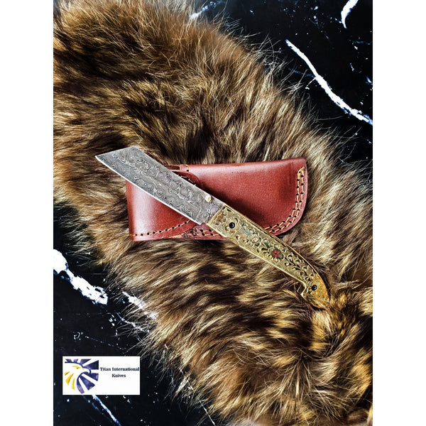 Golden Eagle Pocket Knife - Raindrop Damascus folding blade/ EDC/ Hand engraved