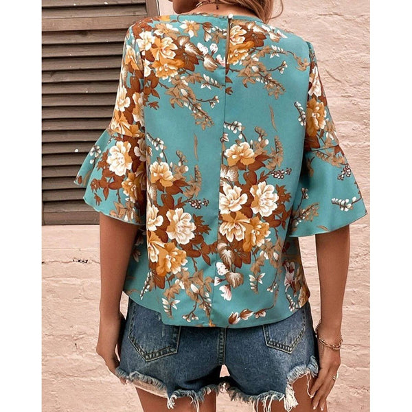 Floral Flare Sleeve Blouse, Mineral Blue