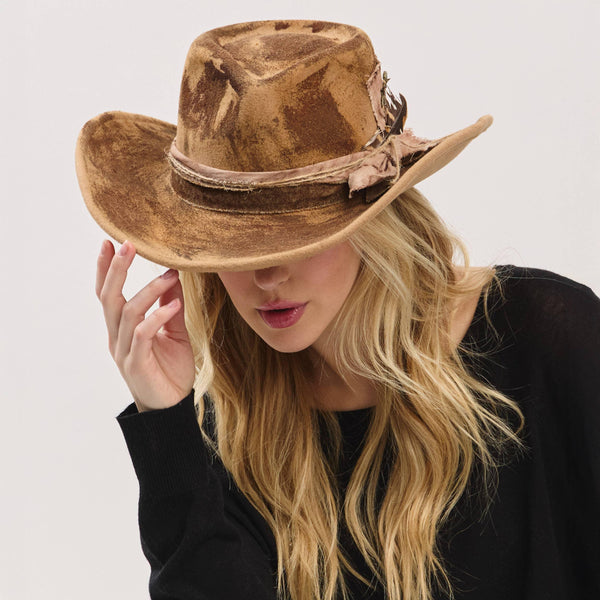 Distressed Fabric Band Rustic Cowgirl Fedora Hat