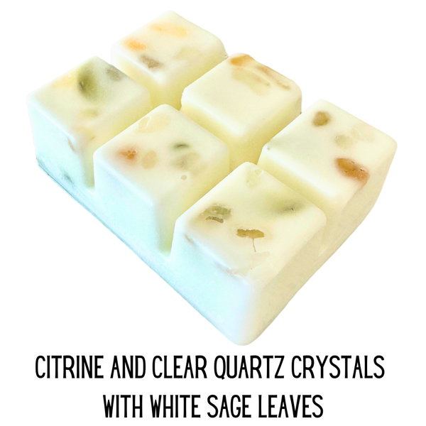 Wax Melts Infused with Real Crystals and White Sage Leaves: White and Santal with Rose Quartz and Amethyst Crystals