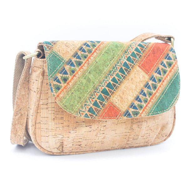 Natural Cork Women's Crossbody Bag with Artful Patchwork, Green, Cork from Portugal