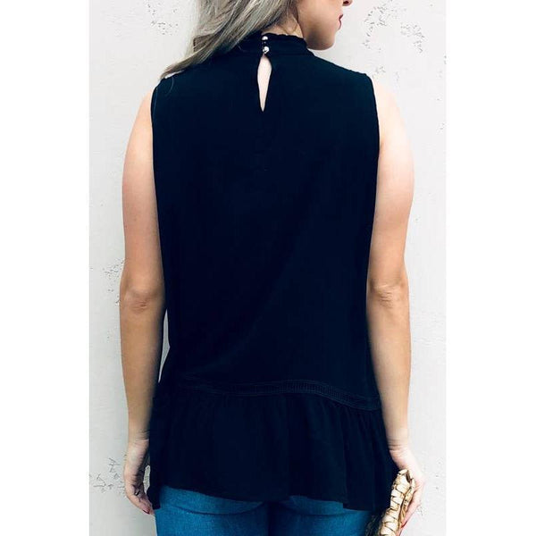 Lace Trim Sleeveless Tunic Top: Black