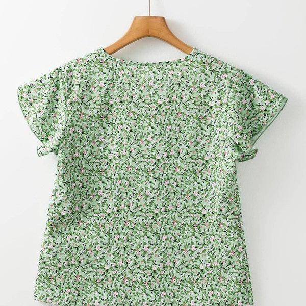 Boho Floral V-Neck Blouse, Green