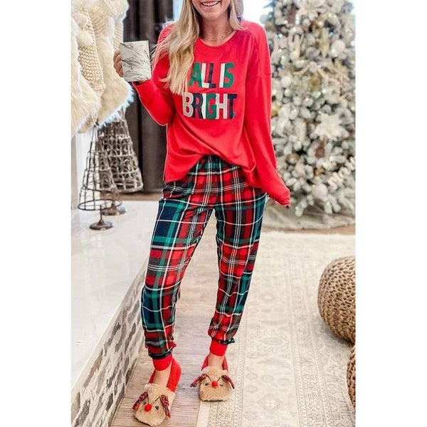Multicolor Graphic Christmas Plaid Pajamas Set: