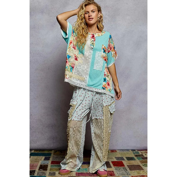 Round Neck Short Sleeve Floral Knit Rib Top