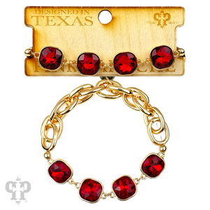 Square Christmas color rhinestone and stretch gold tone bracelet: Red