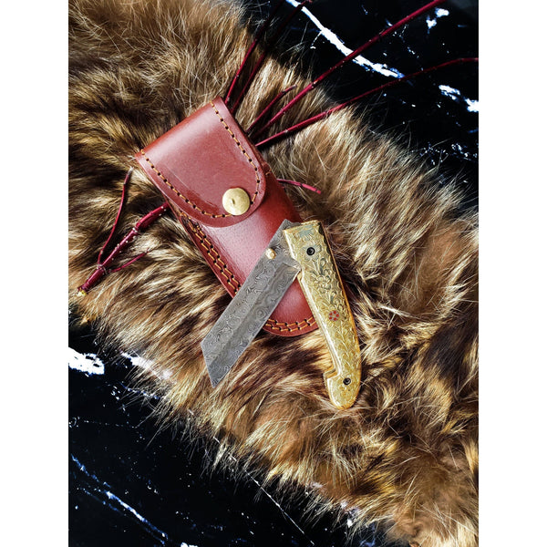 Golden Eagle Pocket Knife - Raindrop Damascus folding blade/ EDC/ Hand engraved