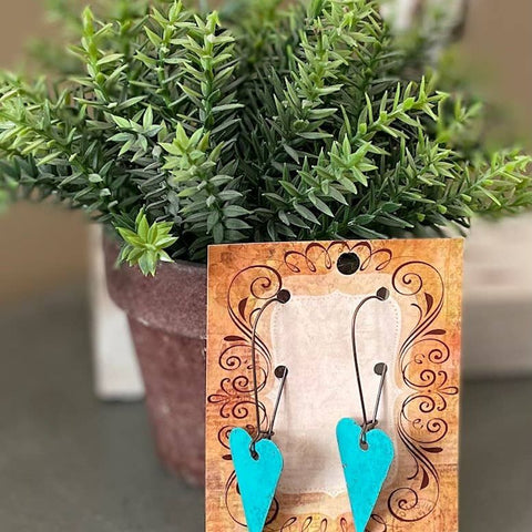 Rustic Tin Rusted  turquoise Heart earrings