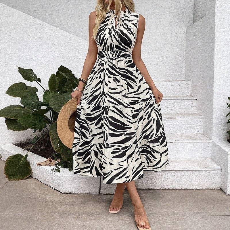 Zebra Print V-Neck Sleeveless Dress With Elastic Waist, Black & White
