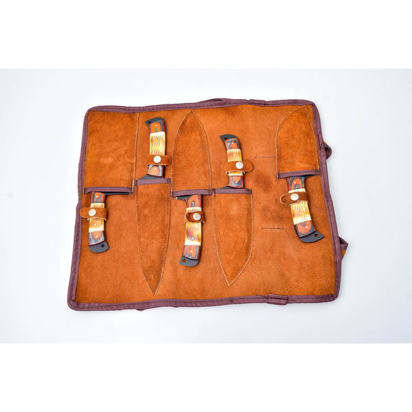 5-Piece  Knife Set / With Leather carry Bag Burnt Bone
