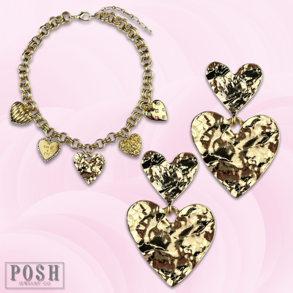 Double heart charm earring: And matching Gold Necklace