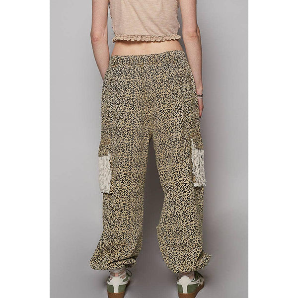 Vintage Wash Crochet Patches Distress Jogger Pants: Cheetah