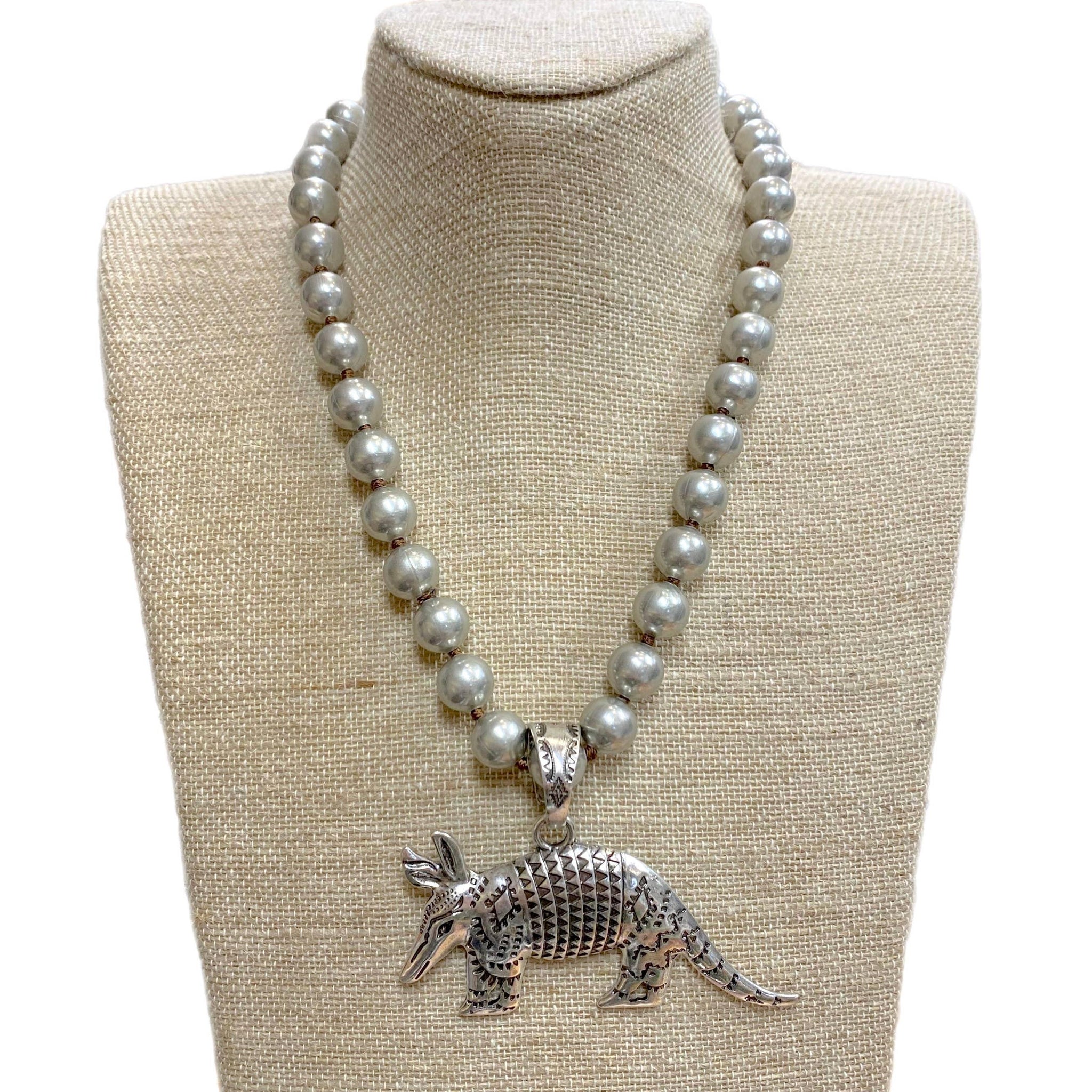 Armadillo Pendant on 12mm Faux Navajo Pearl Necklace