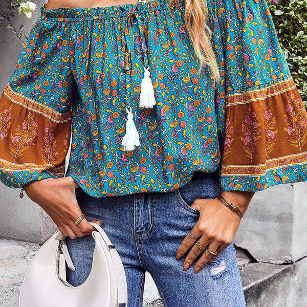 Off Shoulder Long Sleeve Drawstring Color Blocked Floral Top:  GREEN