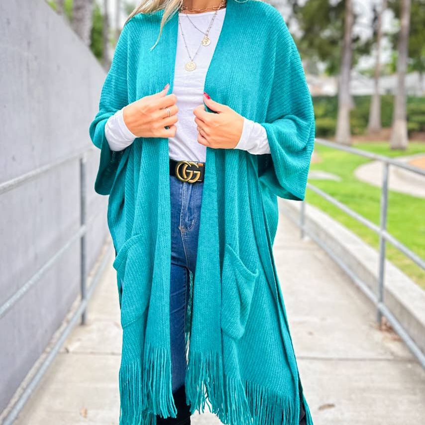 Teal Soft Knitted Pocket Kimono Cardigan With Fringe: Teal / One Size