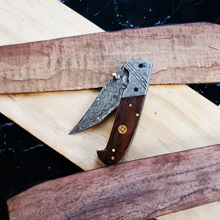 Damascus Blade Pocket Knife, Wood Handle