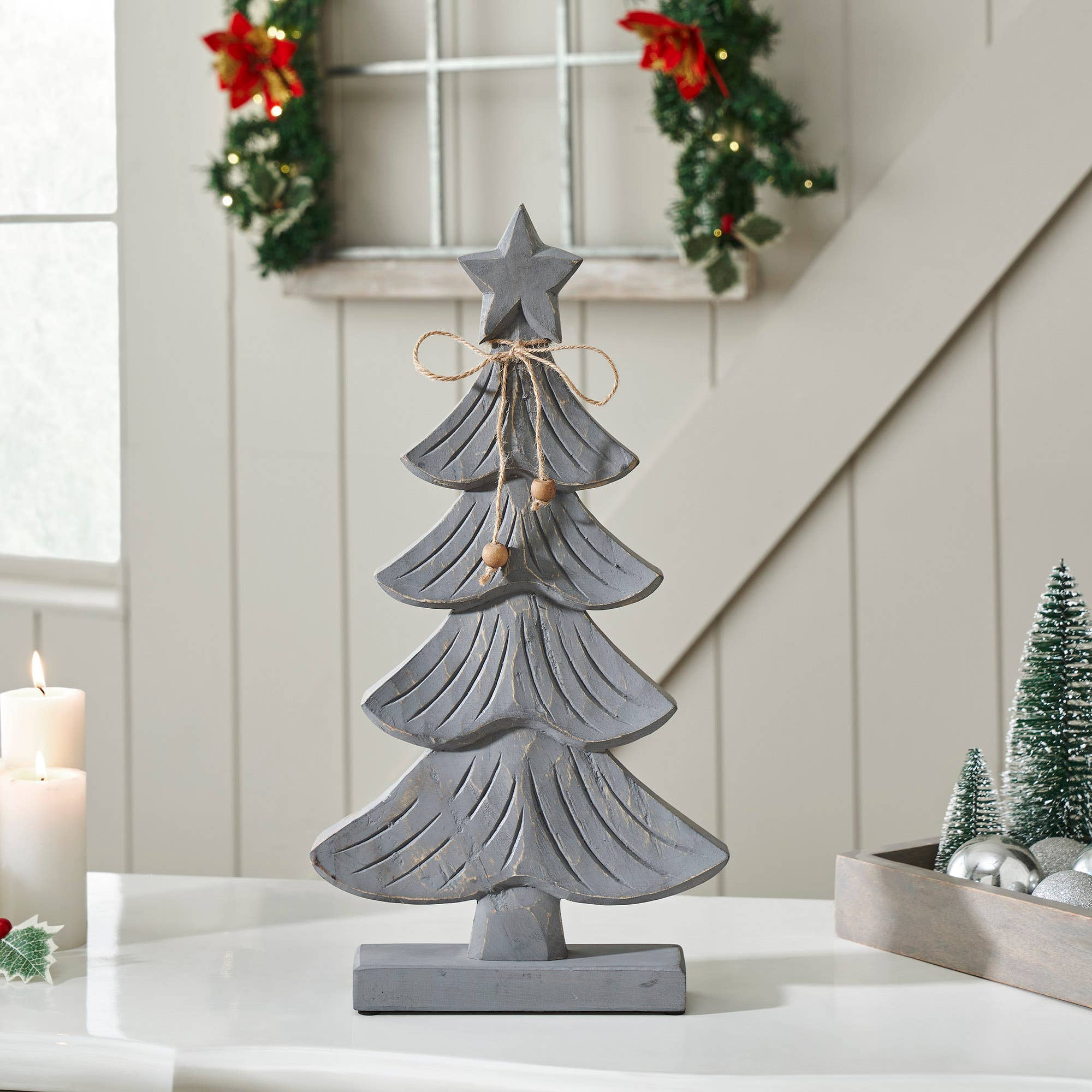 Starry Pine Distressed Grey Wooden Tree 13x7x2