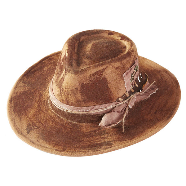 Distressed Fabric Band Rustic Cowgirl Fedora Hat
