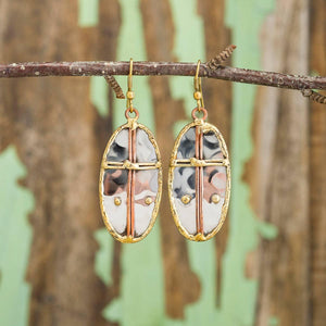 Mixed Metal Earrings - Thin Cross in Oval