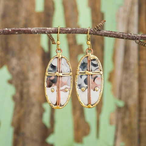 Mixed Metal Earrings - Thin Cross in Oval