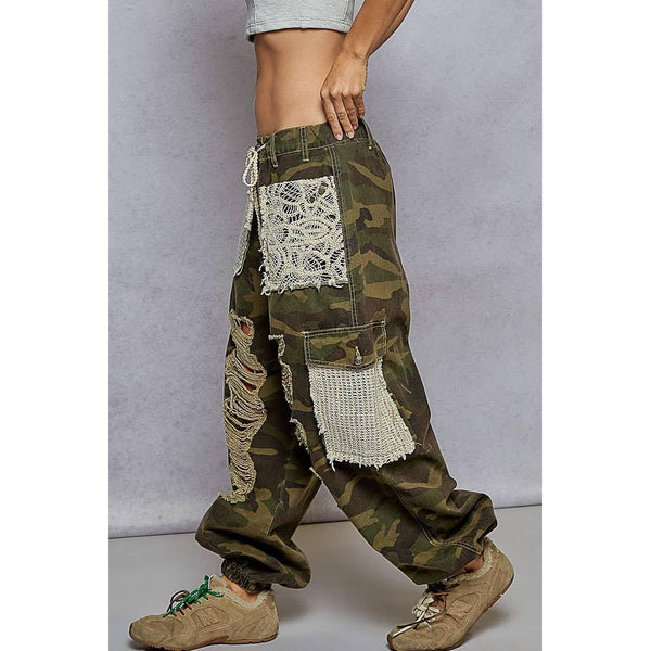 Vintage Wash Crochet Patches Distress Jogger Pants : Camo