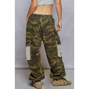 Vintage Wash Crochet Patches Distress Jogger Pants : Camo