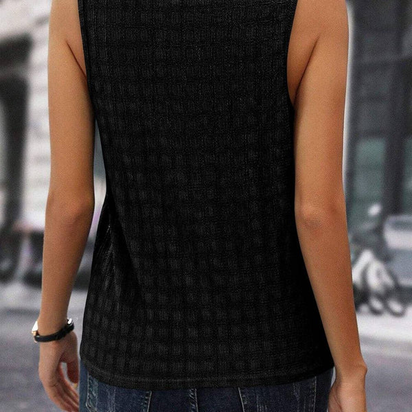 Checker Split Neck Tank Top: Black