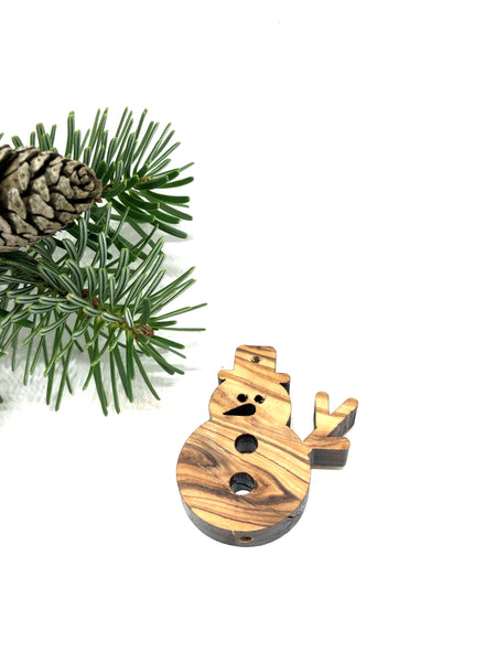 Snowman as a Christmas tree pendant made of olive wood