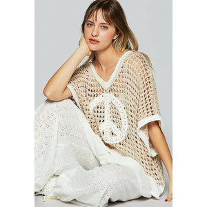 Oversize V-Neck Short Sleeve Peace Sign Sweater