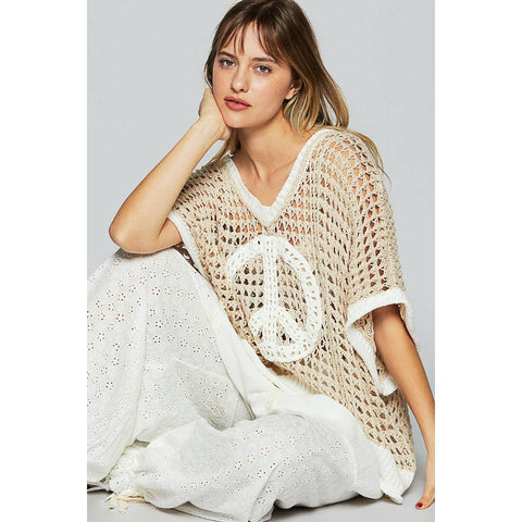 Oversize V-Neck Short Sleeve Peace Sign Sweater